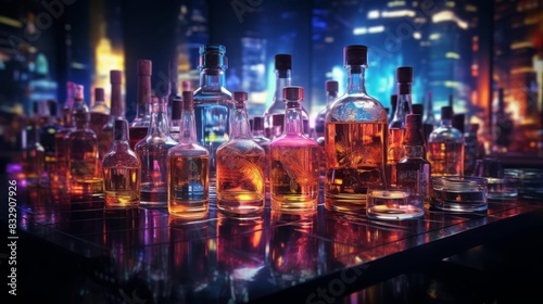 Cocktail bar scene neonlit shelves of assorted drinks and bottles