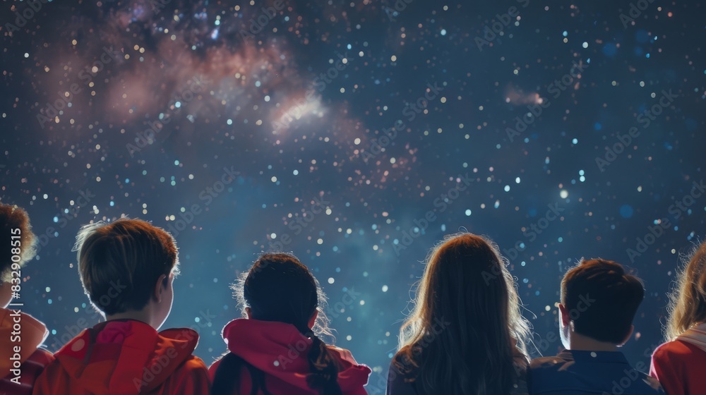Fototapeta premium Children gazing at the starry night sky, filled with wonder and awe, under a pristine, clear evening full of twinkling stars and cosmic beauty.