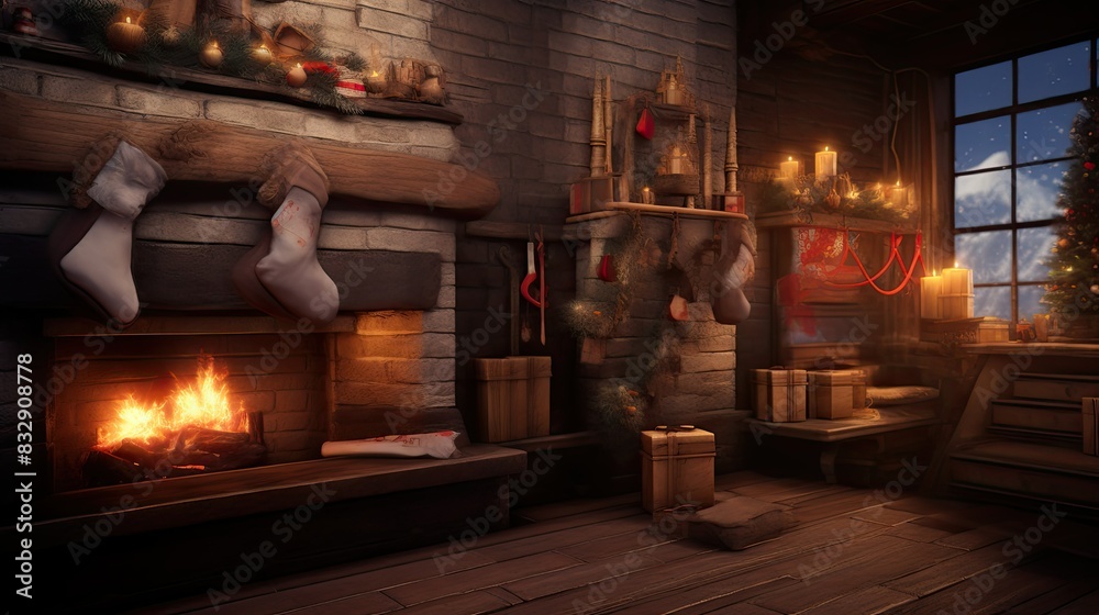 Cozy fireplace with stockings and gifts