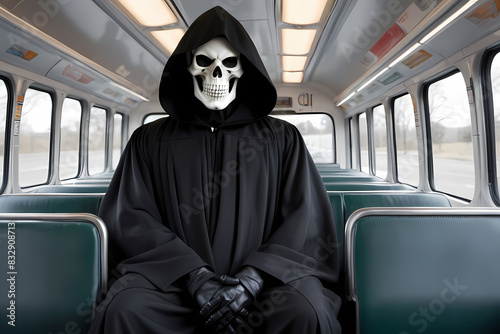 deth, a mysterious figure in a black cloak stands among rows of empty blue bus seats,  photo