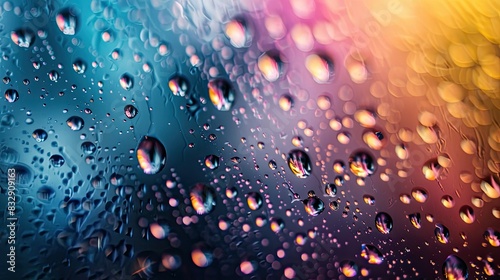 Colorful spectrum of water droplets on glass surface