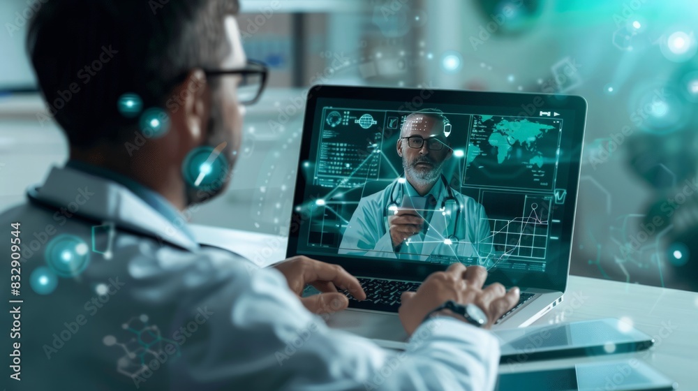 Virtual Consultation with Doctor and Patient: Illustrate a scene of a doctor conducting an online consultation with a patient, using a laptop with medical software on the screen. Virtual Consultation with Doctor and Patient: Illustrate a scene of a doctor conducting an online consultation with a patient, using a laptop with medical software on the screen.