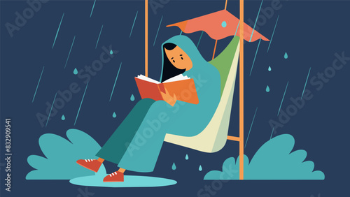 A person perched on a swing with blankets dd over the chains reading a travel memoir while being gently rocked by the rhythm of the rain.. Vector illustration