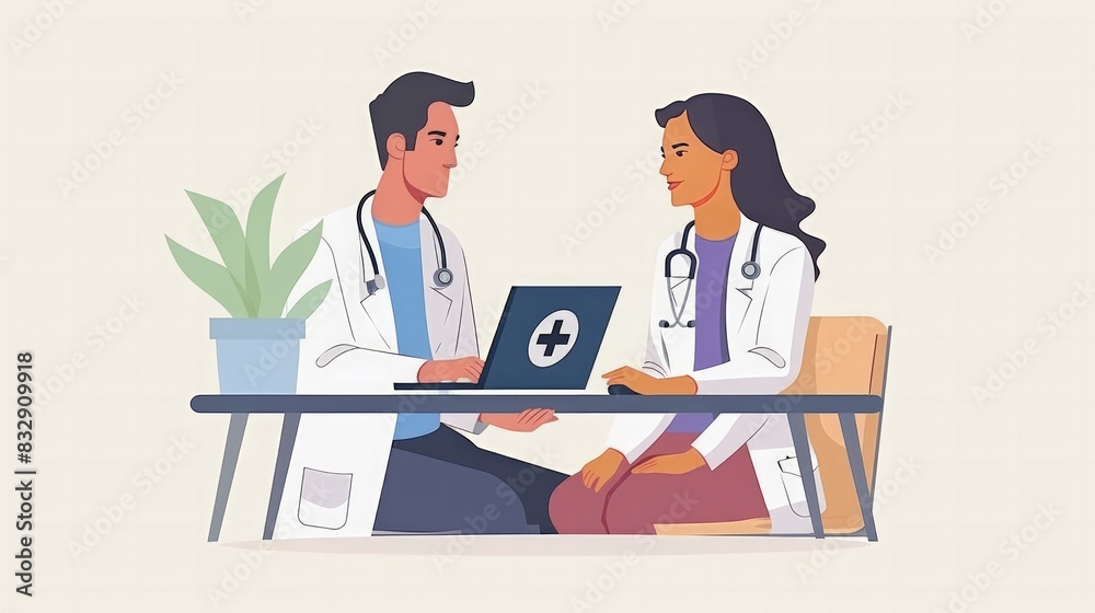 Virtual Consultation with Doctor and Patient: Illustrate a scene of a doctor conducting an online consultation with a patient, using a laptop with medical software on the screen.