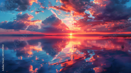A nature lagoon during sunset, the sky ablaze with colors, and the water reflecting the hues