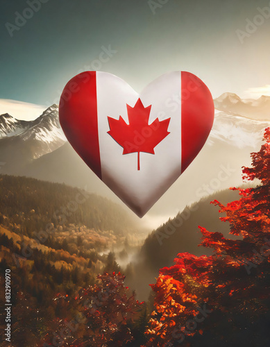 A fantastic illustration of a heart-shaped Canadian flag stands  amidst majestic mountains. photo