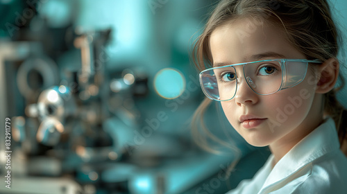 A young girl with glasses conducting scientific experiments in a laboratory setting