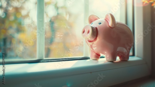 Fototapeta Naklejka Na Ścianę i Meble -  A piggy bank on a windowsill with space around it for incorporating text or promotional messages