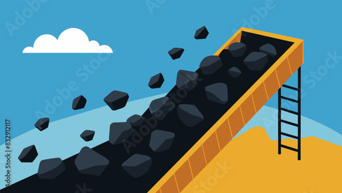 Black chunks of coal tumble down a steep incline making their way to a neverending conveyor belt that will transport them to their respective grades.. Vector illustration