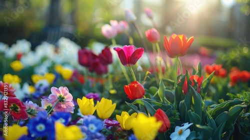 Colorful blooming flowers during the spring season photo