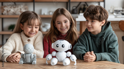 Three children sit eagerly at a colorful table, each engaging with a futuristic robot toy. Curious eyes and excited smiles fill the room as they interact with their new robotic friend