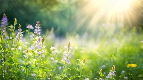 A field of flowers with the sun shining on them. The sun is bright and warm, and the flowers are in full bloom. The scene is peaceful and serene, and it evokes a sense of happiness and joy photo