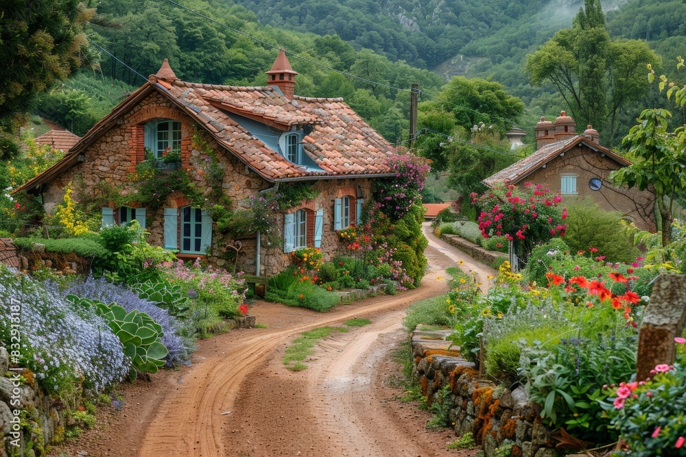 rural village scene, scenic rural village with quaint cottages, colorful gardens, and a winding dirt road for an idyllic countryside experience rural village scene, scenic rural village with quaint cottages, colorful gardens, and a winding dirt road for an idyllic countryside experience