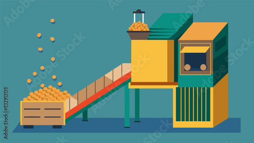 As the compressed pellets are released from the press they are directed into a conveyor system that carries them to be cooled and dried further.. Vector illustration