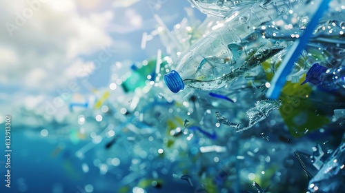 Plasticfree initiatives reduce plastic pollution, depicted in a closeup shot of a hightech plastic alternative, enhanced with HUD displays photo