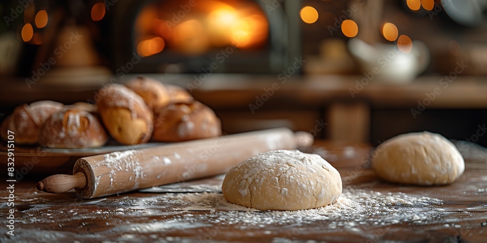 Homemade bread dough on a wooden table, ready for baking. Homemade bread dough on a wooden table, ready for baking.
