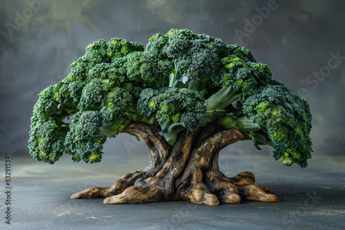Broccoli florets arranged to resemble a tree. Concept of eco-friendly nutrition. Generative Ai. photo