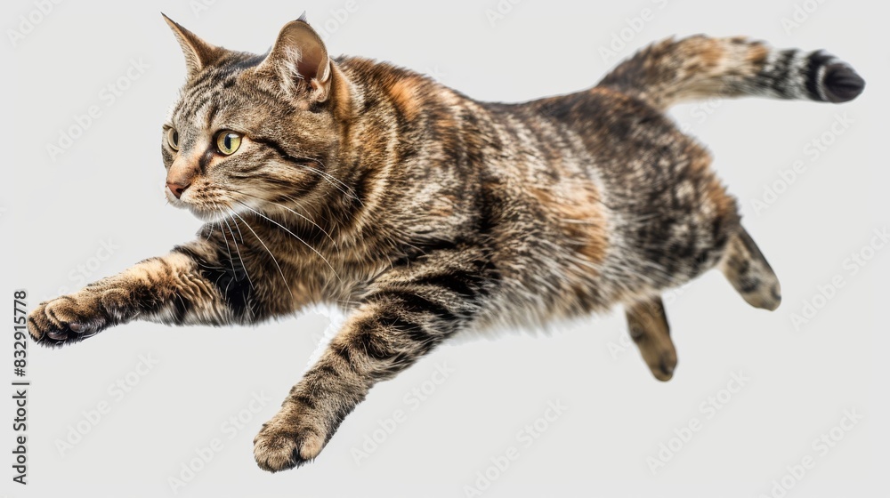 Isolated jump shorthair cat on  white background