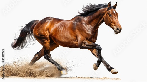 The running brown horse is isolated on  white background