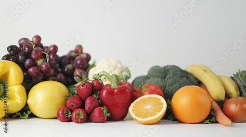 Fresh fruits and vegetables image on a white background promoting a healthy diet