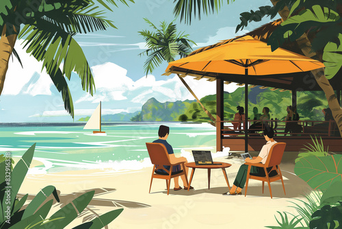 Individuals working remotely from beach side cafes.