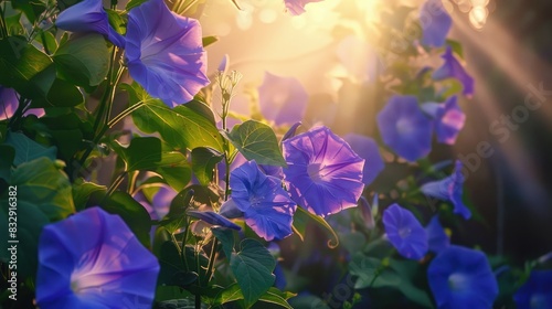 Flowering vines of purple morning glories blanket the earth photo