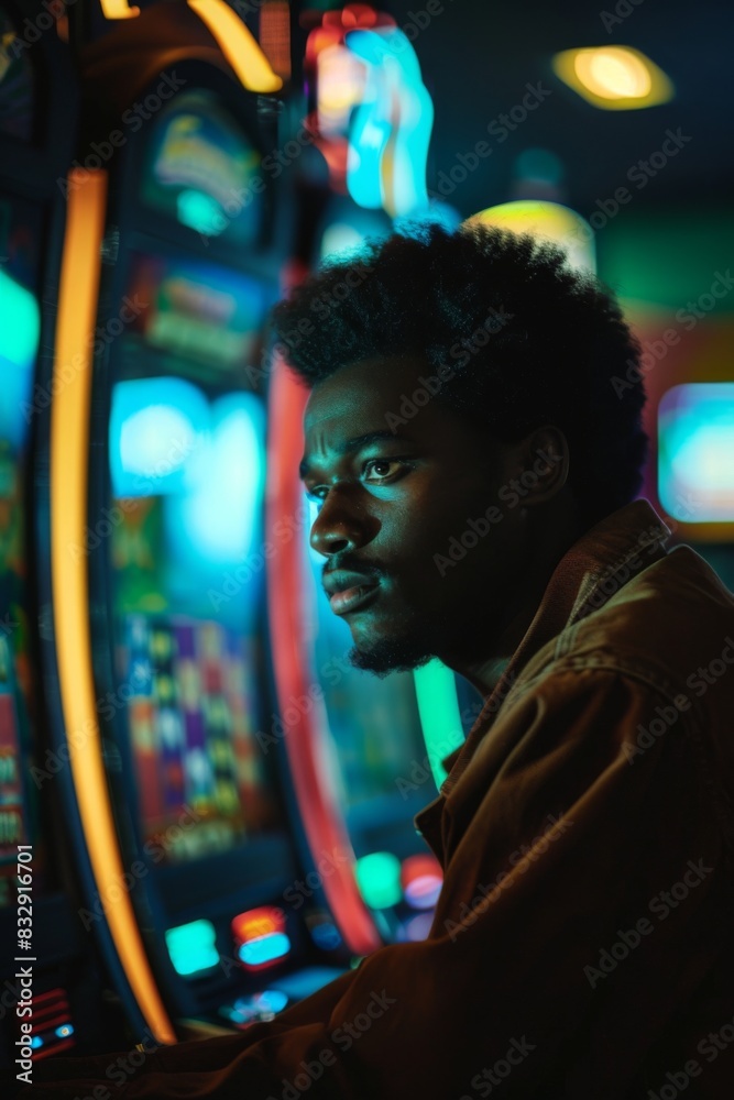 Obraz premium African man enjoying playing slot machines at casino