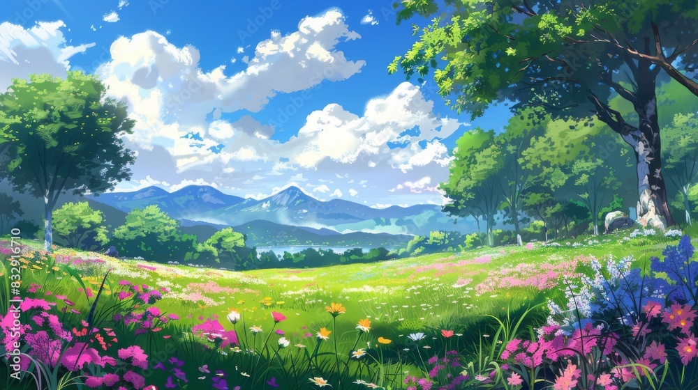 Obraz premium Sun-kissed emerald expanse dotted with trees and wildflowers in bloom