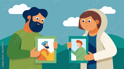 Two students compare their drawings of the Good Samaritan each bringing their own unique interpretation to the parable found in Luke 102537.. Vector illustration