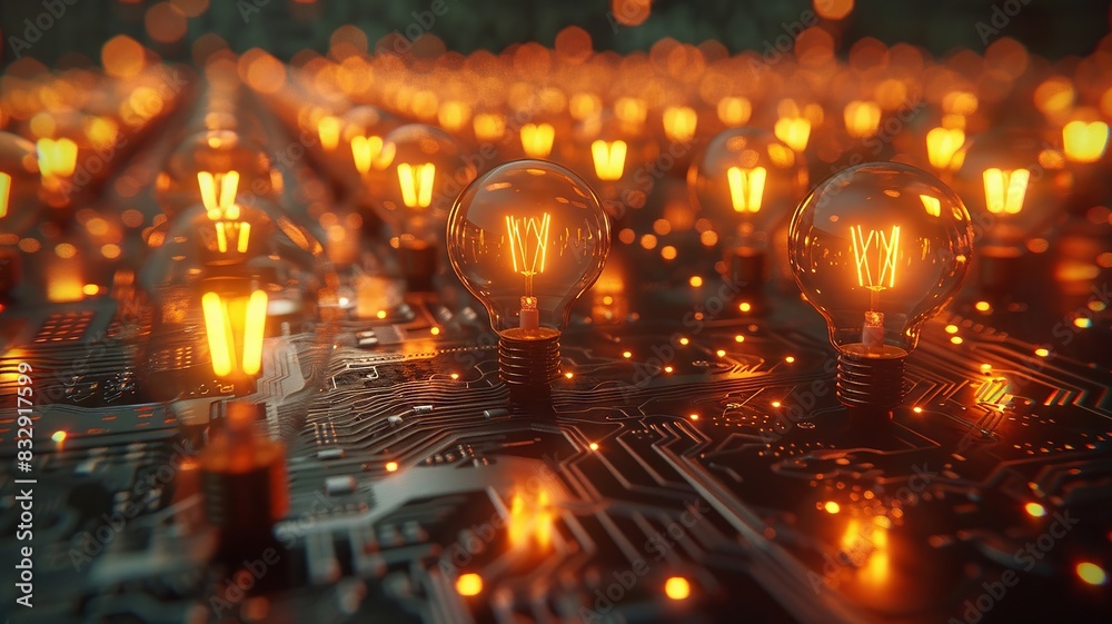 Obraz premium Array of polygonal bulbs shining over a circuit board backdrop