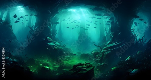 AI-generated illustration of Fish swimming in cave waters seen underwater photo