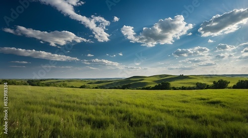 AI-generated illustration of Scenic view of lush green plains under a clear blue sky © Wirestock