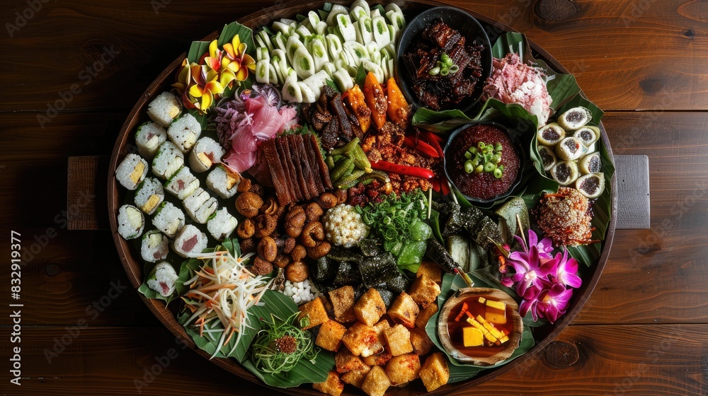 A beautifully arranged platter of with a small dish of . A beautifully arranged platter of with a small dish of .
