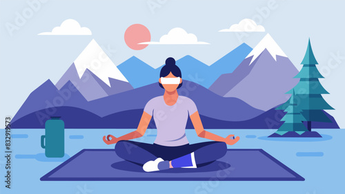 A virtual yoga studio with calming mountain views as a person recovering from a car accident follows their personalized VR yoga program for neck and. Vector illustration
