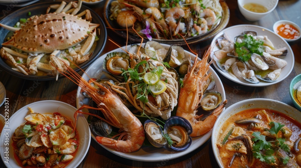 A seafood feast with a variety of dishes including and a small bowl of