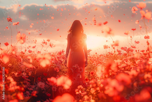 A figure standing in a field of flowers with petals that fall off to reveal numbers. Concept of time's impact on beauty. Generative Ai.