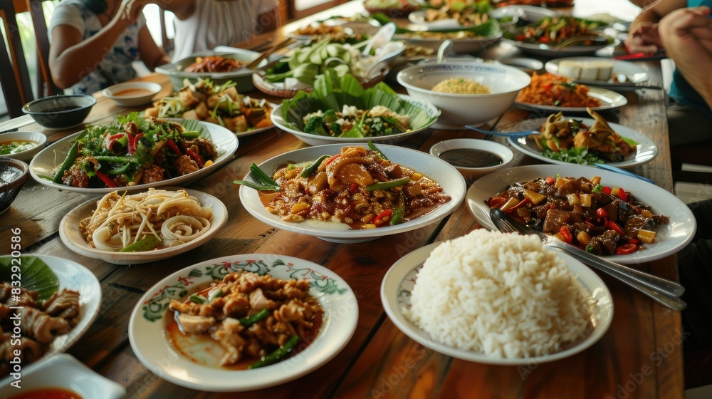 A table full of traditional Thai dishes, with and as the centerpiece. A table full of traditional Thai dishes, with and as the centerpiece.