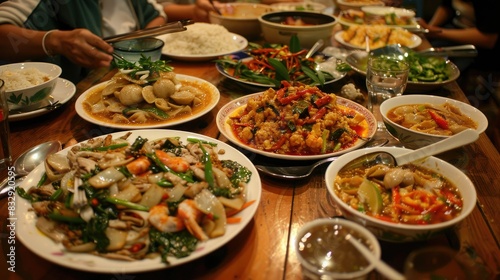 A table full of traditional Thai dishes, with and as the centerpiece.