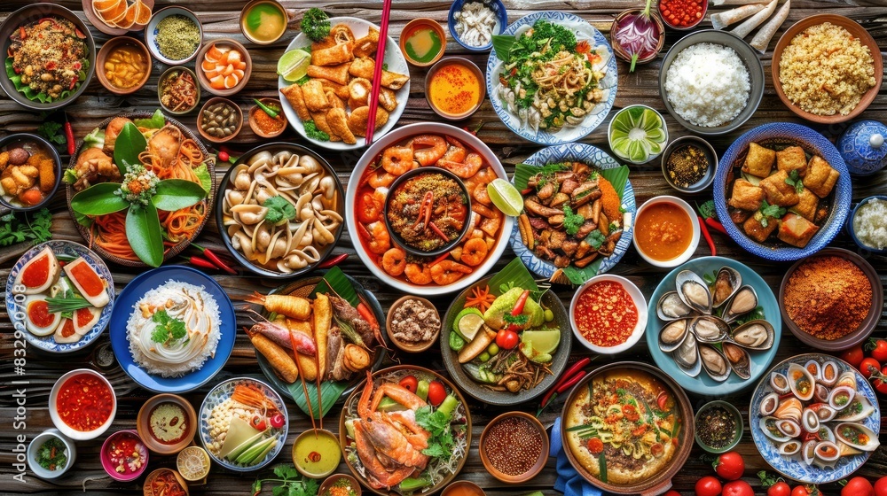 Fototapeta premium A traditional Thai feast featuring surrounded by an array of local dishes.