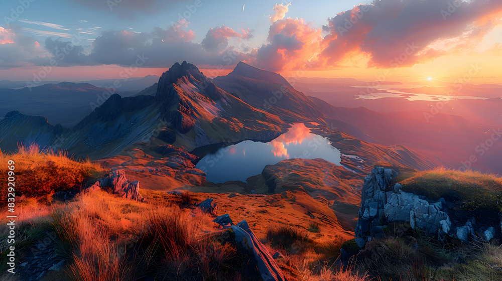 Fototapeta premium A nature mountain during sunset, the sky ablaze with colors, and the mountains casting long shadows