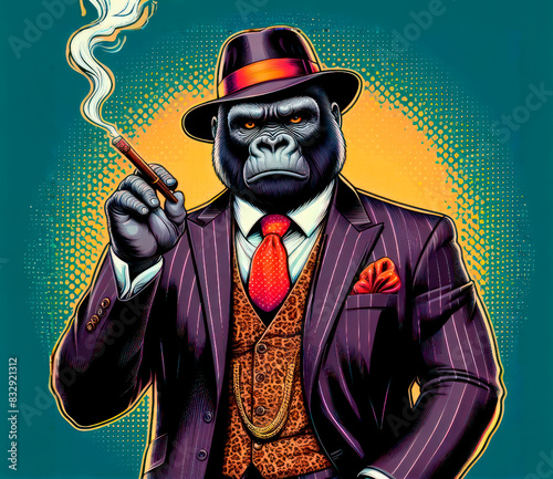 A stylish gangster gorilla in a suit and smoking a cigar