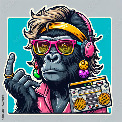 A cool female gorilla with colored glasses and a radio in 80s style pop art