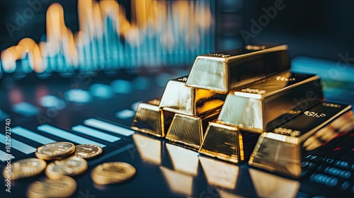 Gold bars neatly arranged on a table with an open financial report showing gold prices.