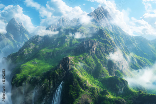 A stunning vista of towering mountains, their peaks kissed by wisps of clouds against a brilliant blue sky.