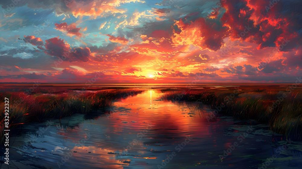 A nature peatland during sunset, the sky ablaze with colors, and the water reflecting the hues
