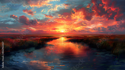 A nature peatland during sunset  the sky ablaze with colors  and the water reflecting the hues