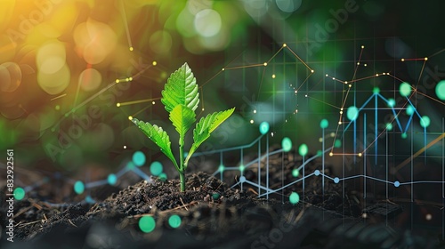 Young plant in soil with a digital graph showing positive financial trends
