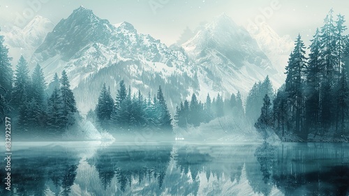 Mystical winter landscape with snowy trees and mountain background