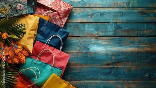 Colorful shopping bags cast shadows on rustic wooden floor