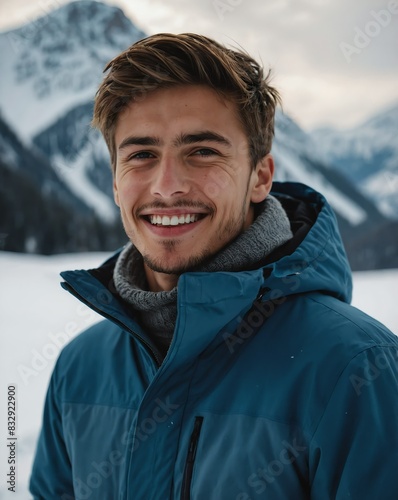 handsome young guy on winter mountain smiling on camera portrait